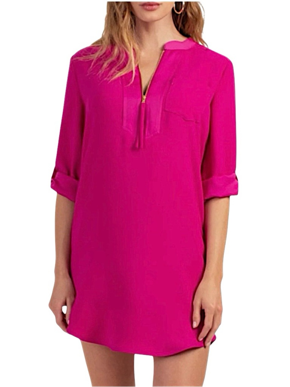 Trina Turk Kaiko 3/4 Sleeve Zip Detail Shift Dress in Hot Pink Fuschia